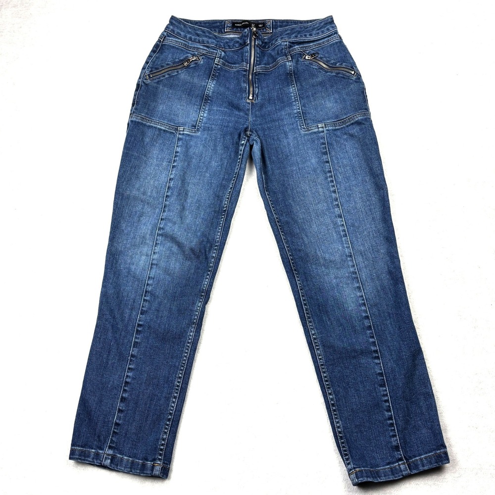 Karen Millen Exposed Zip Front Jeans Womens US 8 Blue Stretch Denim Utility